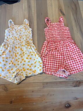 Old Navy White Sunflower Romper & Red Gingham Romper Set